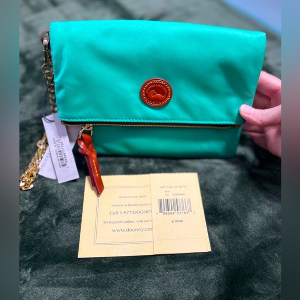 Dooney & Bourke Teal Fold-Over Clutch with Gold Chain